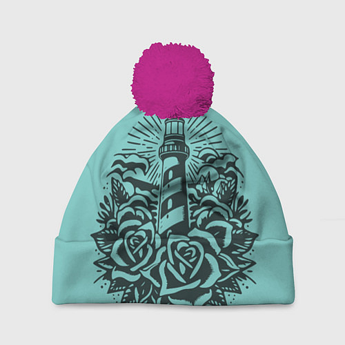 Шапка c помпоном Маяк и розы / 3D-Малиновый – фото 1