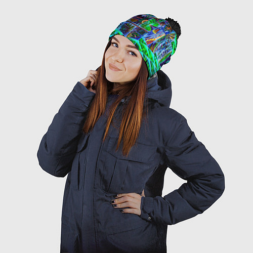 Шапка c помпоном Психоделика узор кислотный / 3D-Черный – фото 2