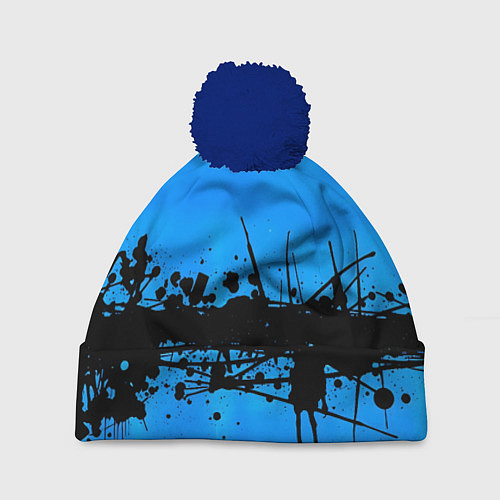Шапка c помпоном Черные брызги краски на синем / 3D-Тёмно-синий – фото 1