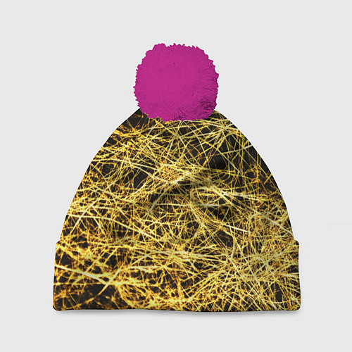 Шапка c помпоном Золотое плетение на черном / 3D-Малиновый – фото 1