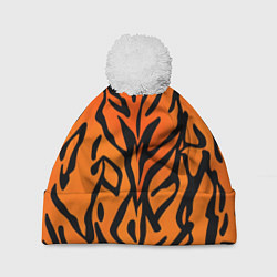 Шапка с помпоном Тигровый огненный паттерн, цвет: 3D-белый