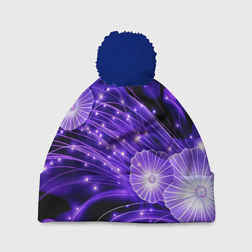 Шапка c помпоном Силуэты цветов на темном фоне - фиолетовое свечени / 3D-Тёмно-синий – фото 1