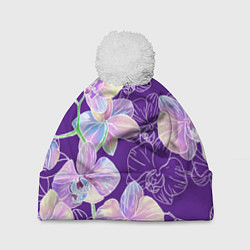 Шапка с помпоном Японские акварельные орхидеи, цвет: 3D-белый