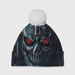 Шапка с помпоном Робот с красными глазами, цвет: 3D-белый