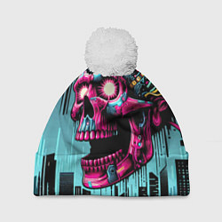 Шапка с помпоном Cyber skull - ai art fantasy, цвет: 3D-белый
