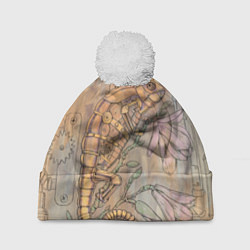 Шапка с помпоном Стимпанк механический киберхамелеон, цвет: 3D-белый