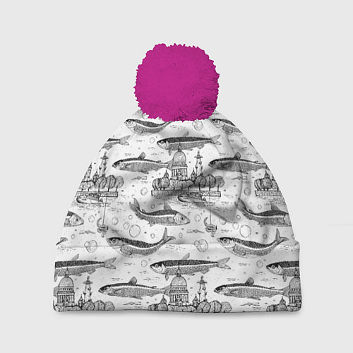 Шапка c помпоном Корюшка и рыбалка в Питере паттерн / 3D-Малиновый – фото 1