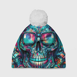 Шапка с помпоном Кибер череп в балахоне и очках - нейроарт фантазия, цвет: 3D-белый