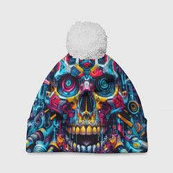 Шапка с помпоном Кибер череп - нейроарт паттерн, цвет: 3D-белый