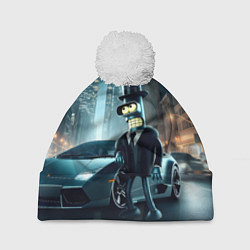 Шапка с помпоном Бендер рядом с Ламборджини - неоновый Нью-Йорк, цвет: 3D-белый