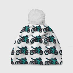 Шапка с помпоном Motorbike light blue, цвет: 3D-белый