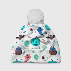 Шапка с помпоном Halloween light blue pumpkin, цвет: 3D-белый