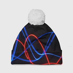 Шапка с помпоном Красно синие неоновые линии на черном фоне, цвет: 3D-белый