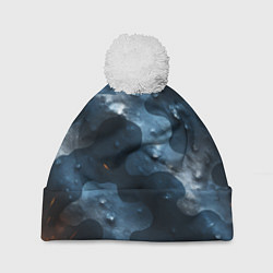 Шапка с помпоном Синий камуфляж с каплями, цвет: 3D-белый