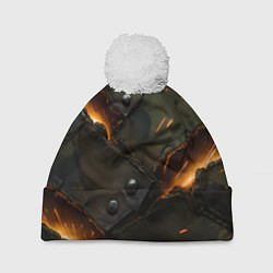 Шапка с помпоном Порванная камуфляжная ткань с огнем, цвет: 3D-белый