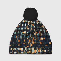 Шапка c помпоном Тёмный синий с оранжевым кубики абстракция