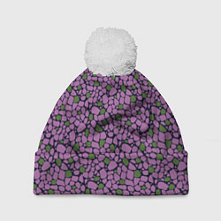 Шапка с помпоном Мозаичный мелкий узор фиолетовый с зелеными вкрапл, цвет: 3D-белый
