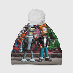 Шапка с помпоном Bender bending robot and Fry - ai art graffiti, цвет: 3D-белый