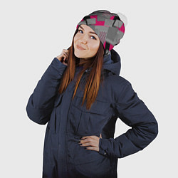 Шапка с помпоном Красно черная абстрактная геометрия пэчворк, цвет: 3D-белый — фото 2