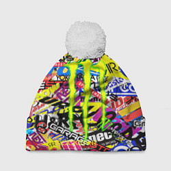 Шапка c помпоном Monster energy бренды стикеры