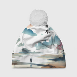 Шапка с помпоном Одинокая фигура в Японском пейзаже, цвет: 3D-белый