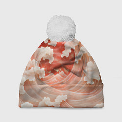 Шапка с помпоном Японские красные волны, цвет: 3D-белый
