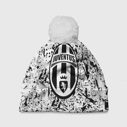 Шапка с помпоном Juventus черные краски штрихи, цвет: 3D-белый