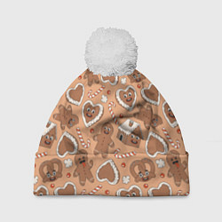 Шапка с помпоном Паттерн с новогодним печеньем, цвет: 3D-белый