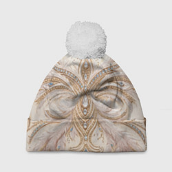 Шапка с помпоном Перламутровый орнамент с перьями, цвет: 3D-белый