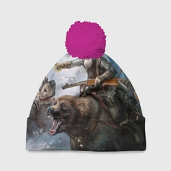 Шапка с помпоном Русский воин на медведе, цвет: 3D-малиновый