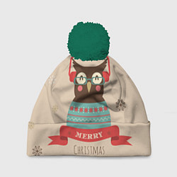 Шапка с помпоном Сова в наушниках, цвет: 3D-зеленый