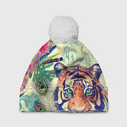 Шапка с помпоном Индийский тигр, цвет: 3D-белый