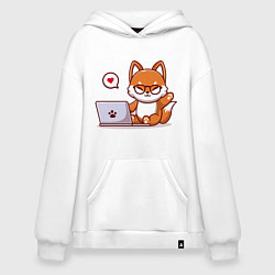 Толстовка-худи оверсайз Cute fox and laptop, цвет: белый