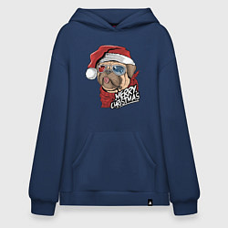 Толстовка-худи оверсайз Pug merry christmas, цвет: тёмно-синий