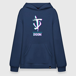 Толстовка-худи оверсайз Doom в стиле glitch и баги графики, цвет: тёмно-синий