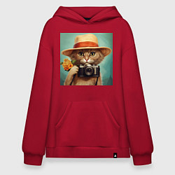 Толстовка-худи оверсайз Кот в соломенной шляпе с фотоаппаратом, цвет: красный