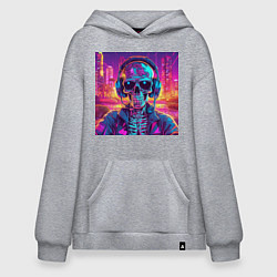Толстовка-худи оверсайз Скелет в наушниках в неоновом свете, цвет: меланж