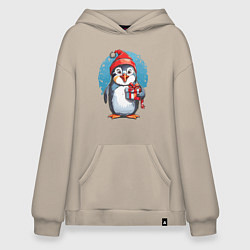 Толстовка-худи оверсайз Пингвин с новогодним подарком, цвет: миндальный