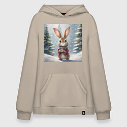 Худи оверсайз Новогодний зайчик с подарком в зимнем лесу