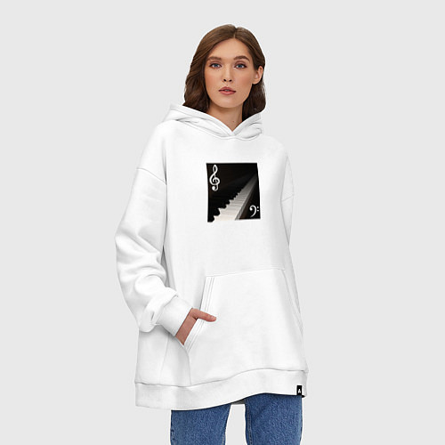 Худи оверсайз Скрипичный и басовый ключи с клавиатурой фортепиан / Белый – фото 3