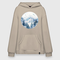 Толстовка-худи оверсайз Горы в тумане в круге, цвет: миндальный