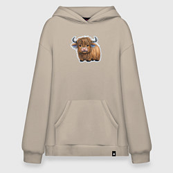 Толстовка-худи оверсайз Шотландский волосатый бык, цвет: миндальный