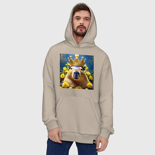 Худи оверсайз Мем капибара царь на троне и желтые цветы / Миндальный – фото 4