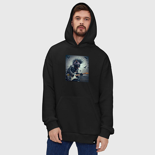 Худи оверсайз Котёнок панк гитарист - нейросеть / Черный – фото 4