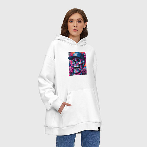 Худи оверсайз Череп в бейсболке - граффити / Белый – фото 3