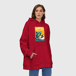 Толстовка-худи оверсайз Акула и серфер - нейросеть, цвет: красный — фото 2