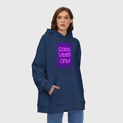 Худи оверсайз Неоновая надпись good vibes only и кирпичная стена / Тёмно-синий – фото 3