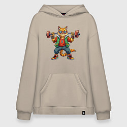 Худи оверсайз Крутой рыжий кото держит гантель