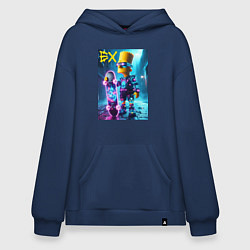 Худи оверсайз Скейтбордист Барт Симпсон в ночном городе под дожд