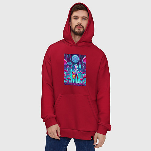 Худи оверсайз Rick and Morty among neon mushrooms - ai art fanta / Красный – фото 4